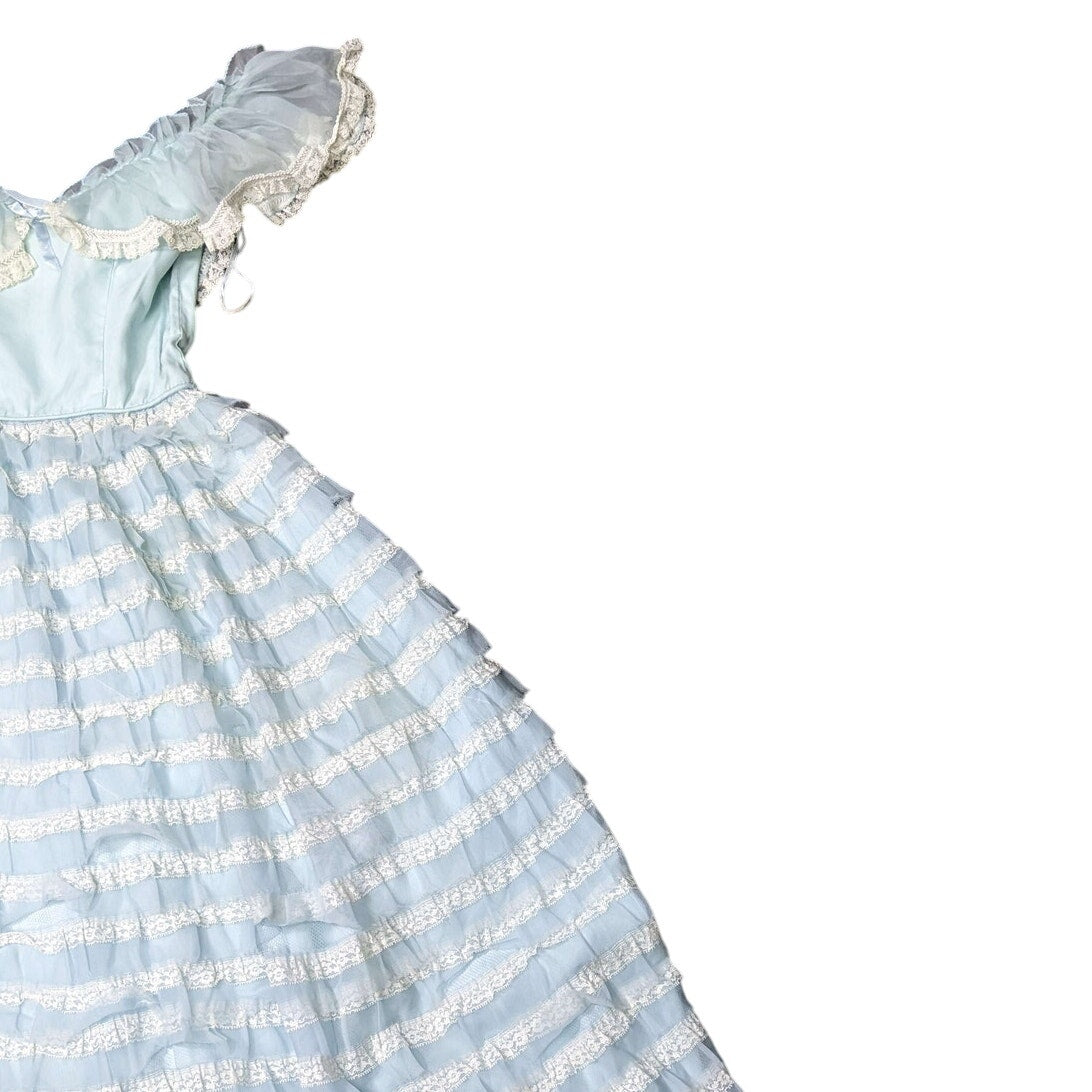 VTG Baby Blue Frilly Off-Shoulder Tiered Long Dress
