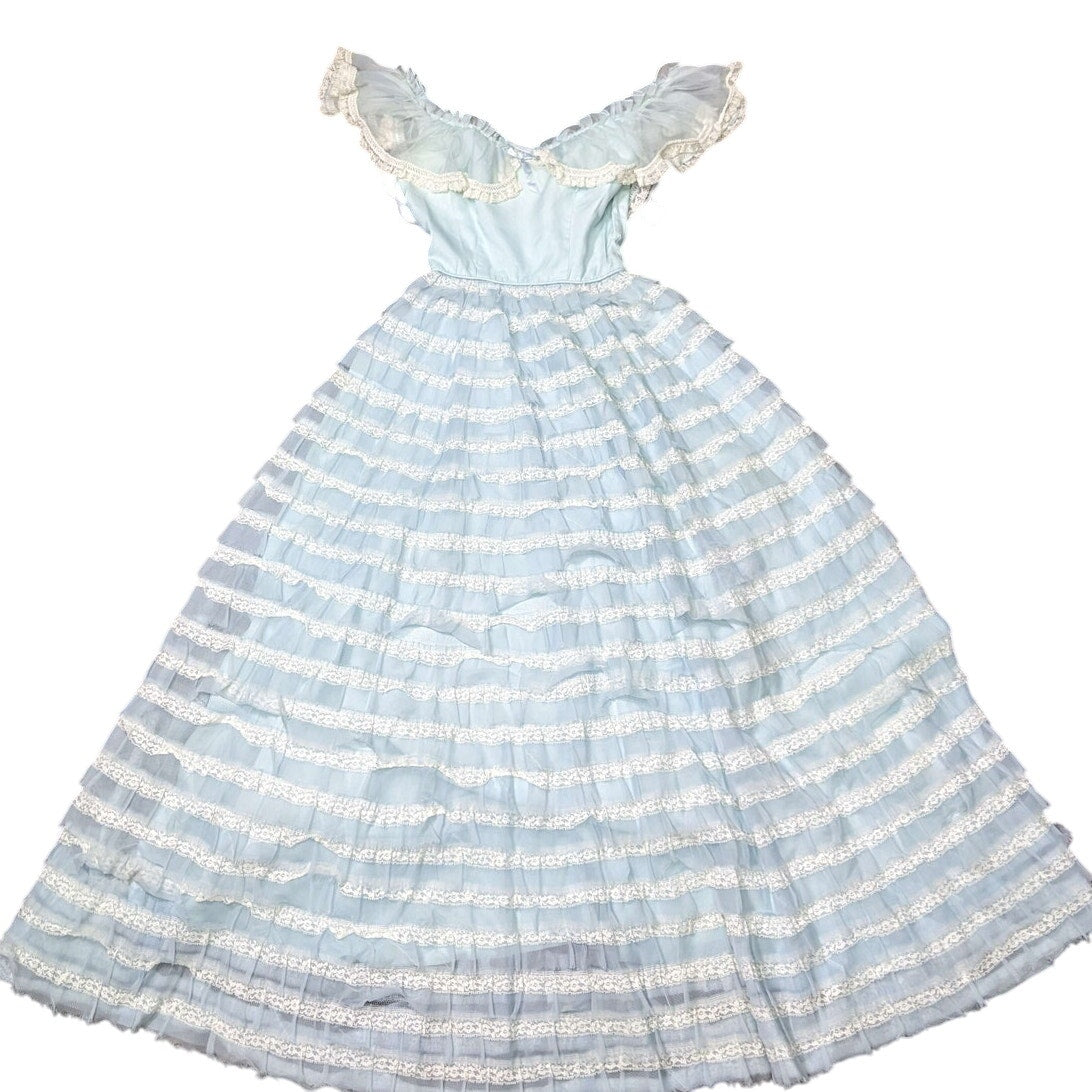 VTG Baby Blue Frilly Off-Shoulder Tiered Long Dress