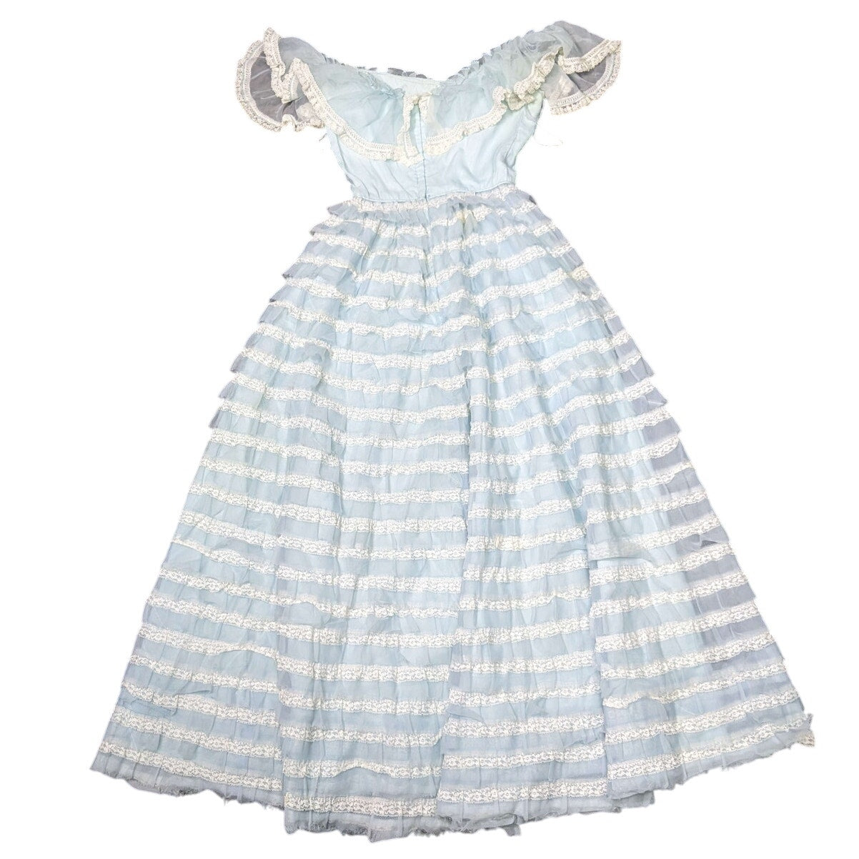 VTG Baby Blue Frilly Off-Shoulder Tiered Long Dress