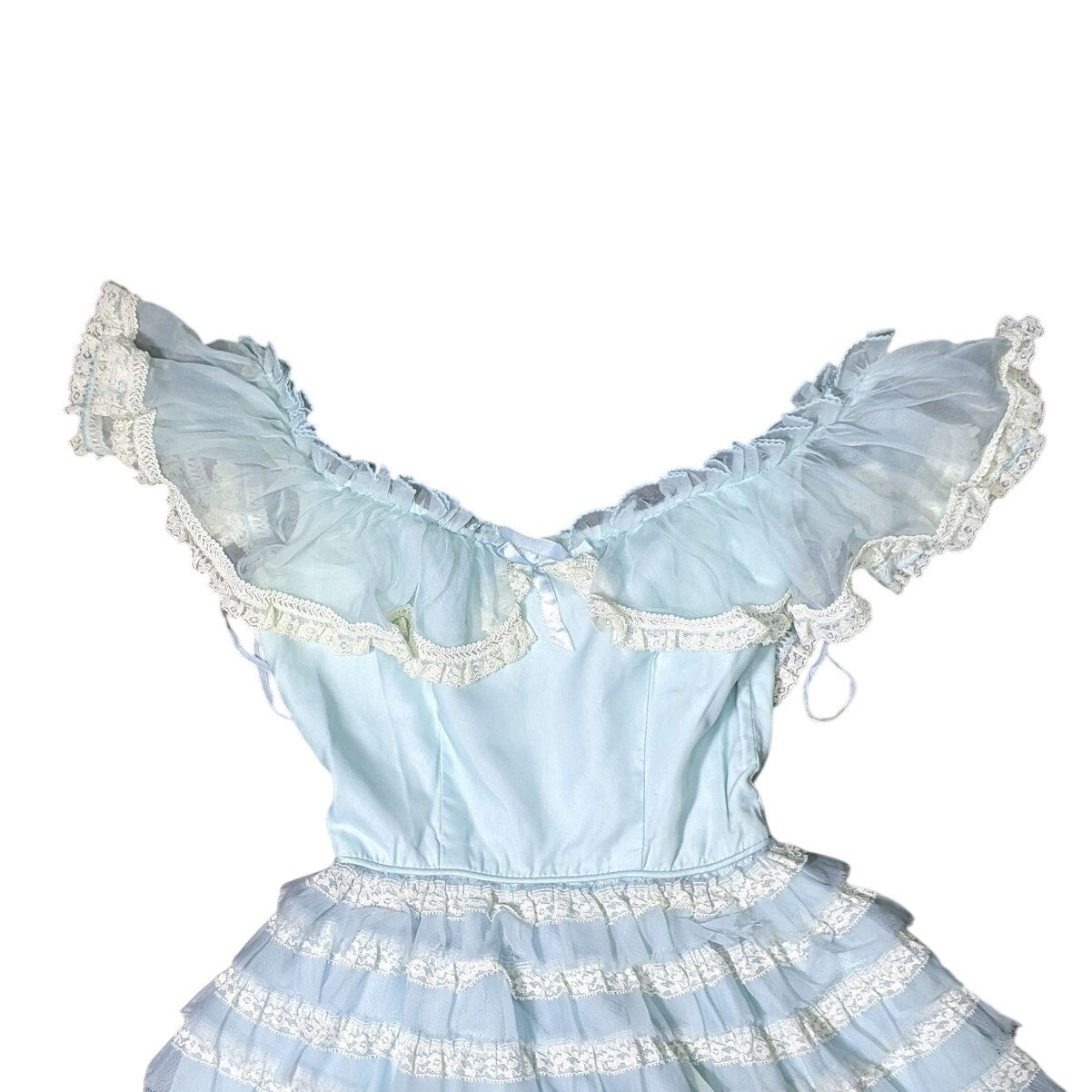 VTG Baby Blue Frilly Off-Shoulder Tiered Long Dress