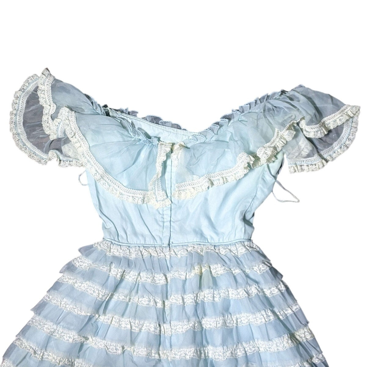 VTG Baby Blue Frilly Off-Shoulder Tiered Long Dress