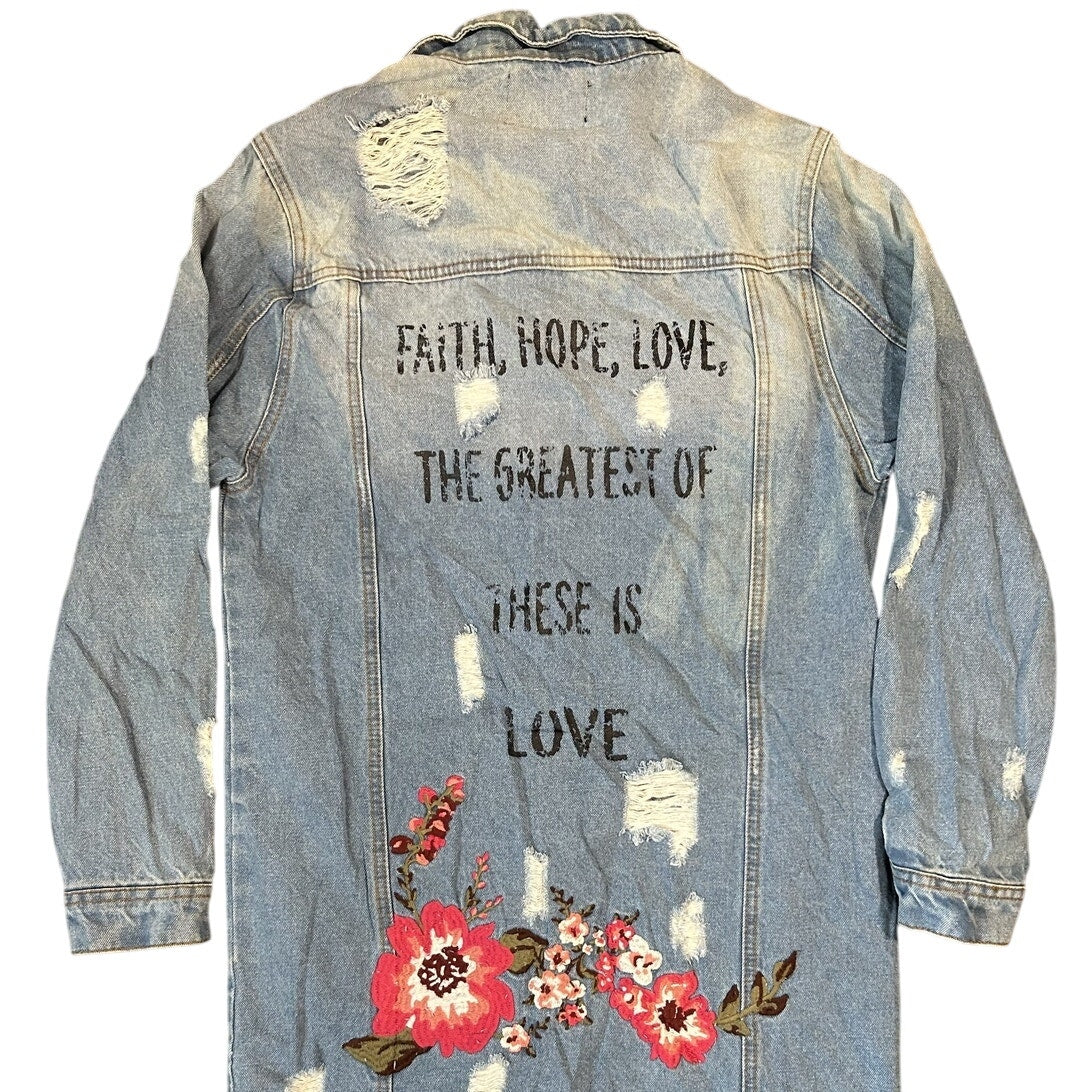 Haute Monde Iris Distressed Long Denim Jacket