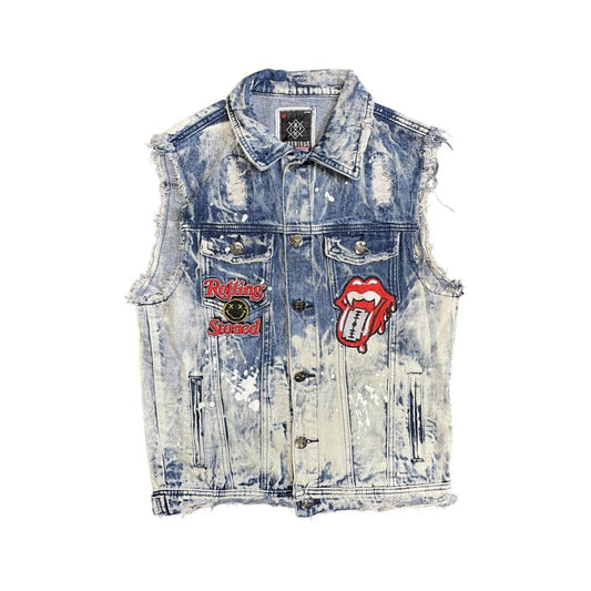 Imperious Vest Mens Blue Denim Distressed Rock N Roll Y2K Embroidered