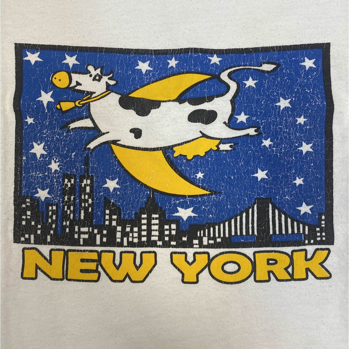 New York Flying Cow Cartoon Graphic Print Vintage T-shirt