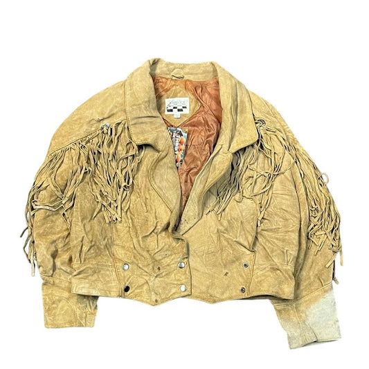 Vintage Yearbook Western-style Suede Leather Bomber Jacket with Fringe