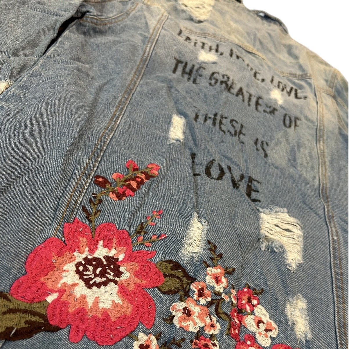 Haute Monde Iris Distressed Long Denim Jacket