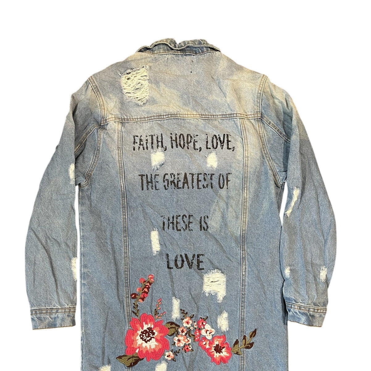 Haute Monde Iris Distressed Long Denim Jacket