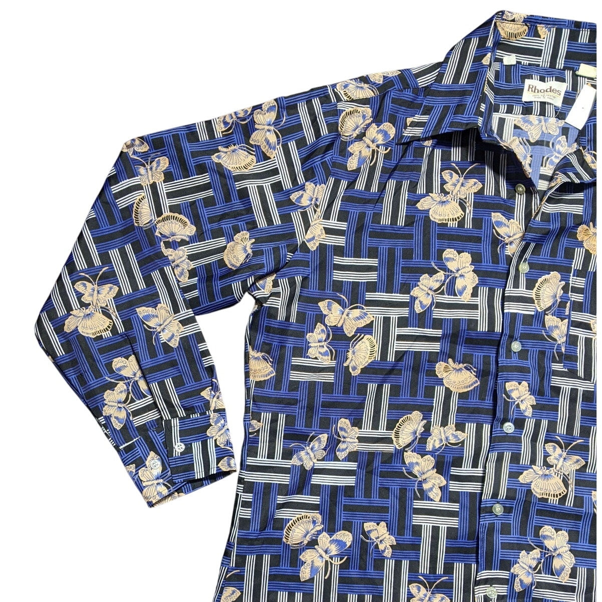 Rhodes Black, Blue, & White Moth/Butterfly Button up