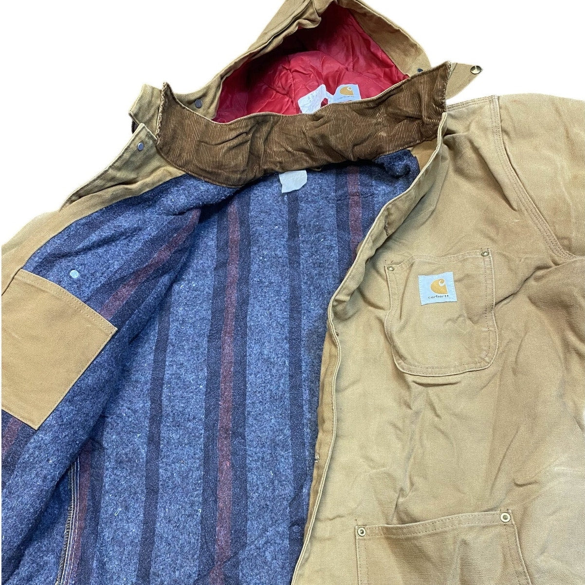 Vintage 80s Carhartt Mens 44 Thrashed Blanket Lined Hooded Chore Barn Jacket