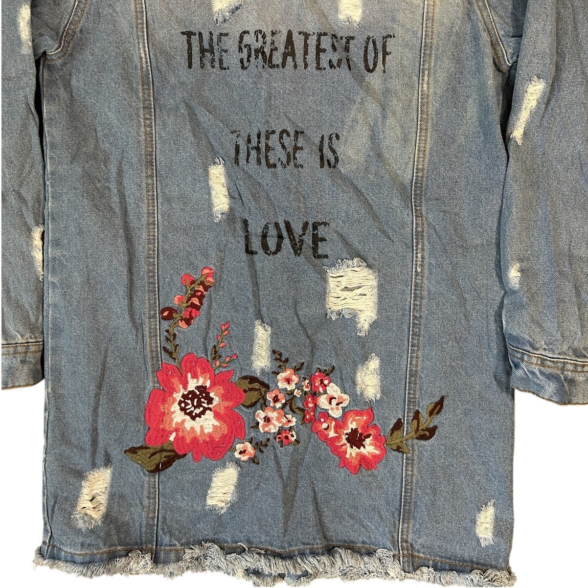 Haute Monde Iris Distressed Long Denim Jacket